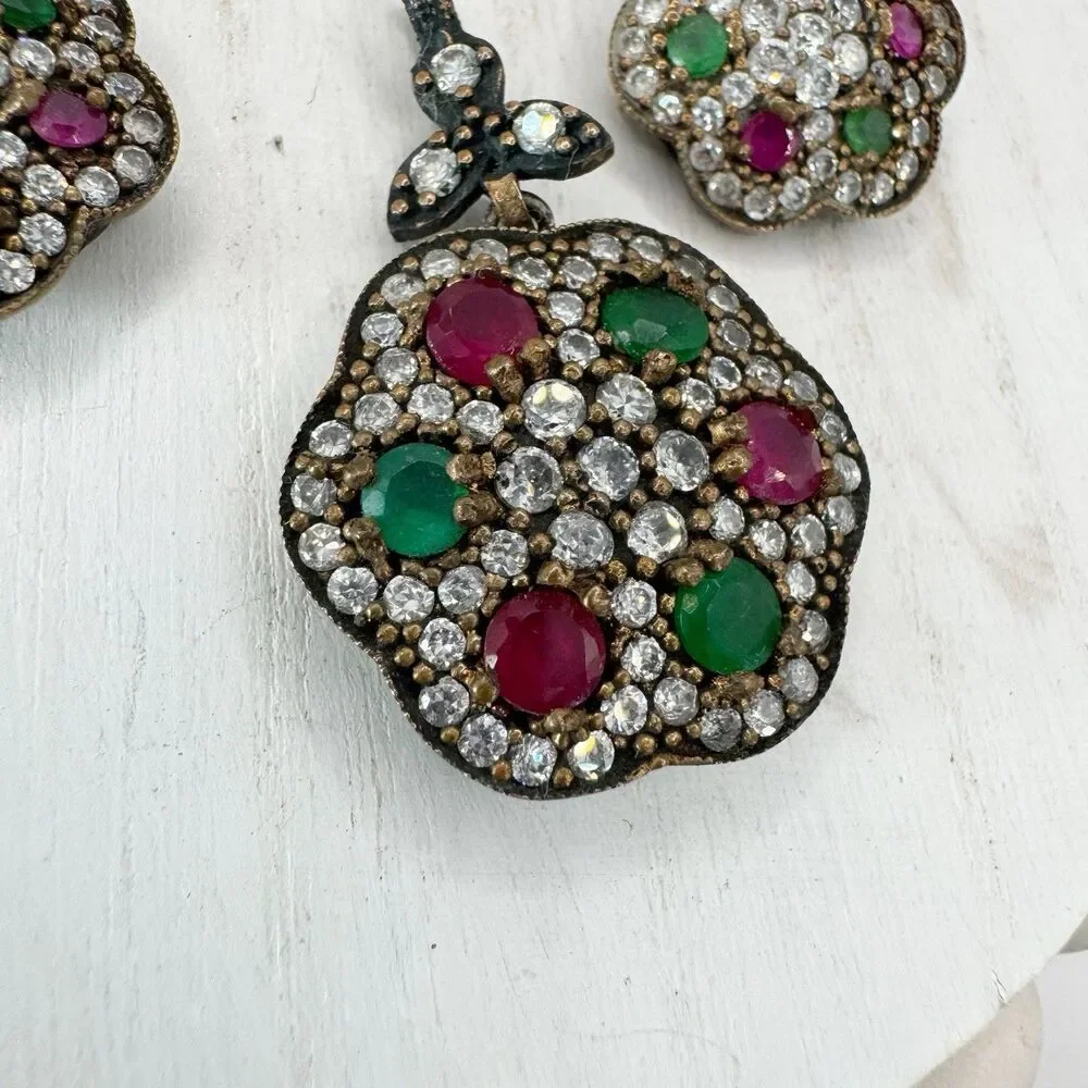 Ruby And Emerald Sterling Silver And Brass Turkish Flower Earrings And Pendant